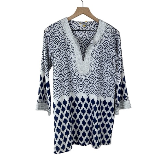 Roller Rabbit Casa Kurta Navy Fan Print Tunic - Picture 1 of 7